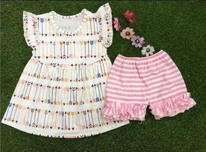 boutique childrens clothes sets summer 2016 arrow print girl flutter dresses and stripe ruffle shorts