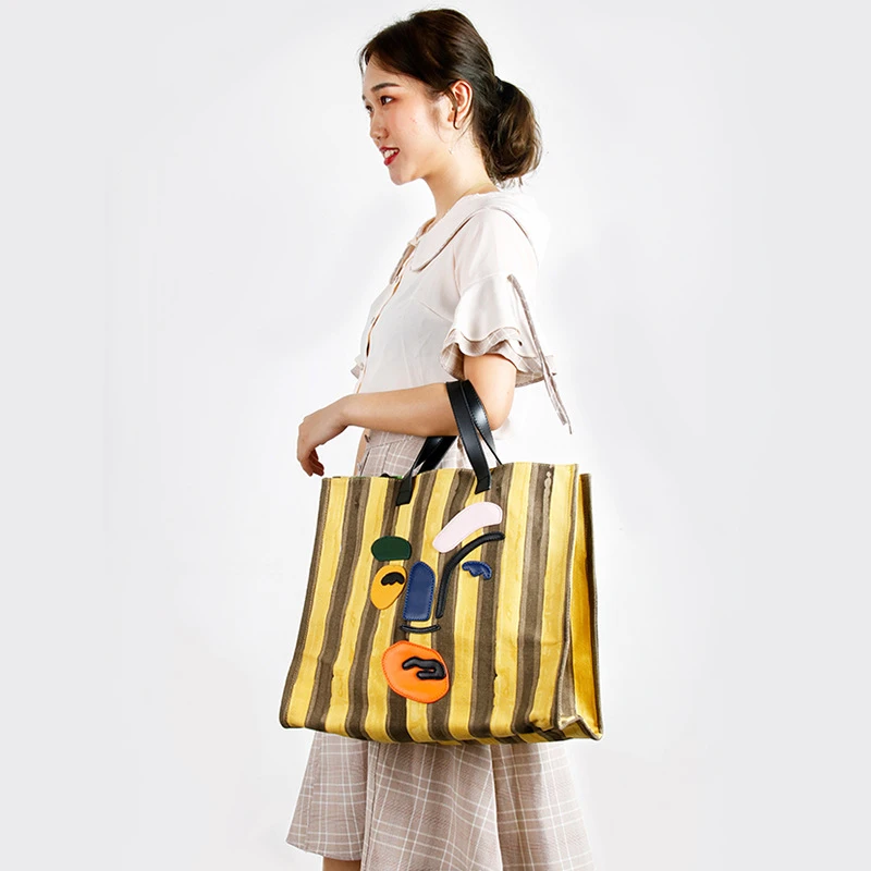 Brand Fashion Popular Wholesale Strip Canvas Tote Bags Women  folding rectangular carry Hand Clutch Bag