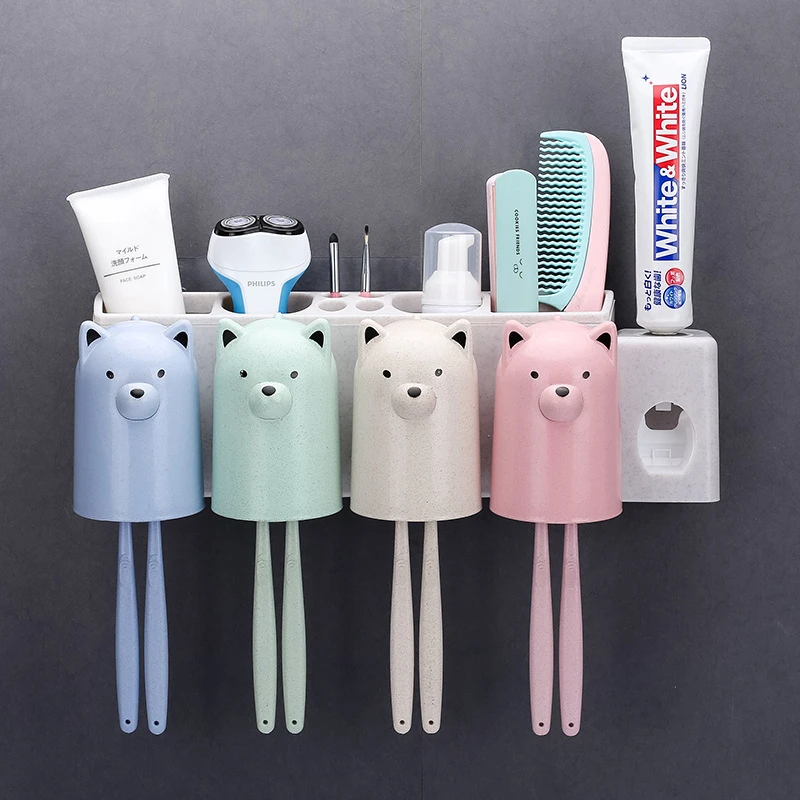 Cartoon Bear Wall Mount Dust-proof Toothbrush Holder With Cups Automatic Toothpaste Squeezer Dispenser Bathroom Accessories Sets