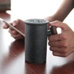 Ceramic tea cup with wooden handle tea infuser creative tea pottery mug with lid 300 ml