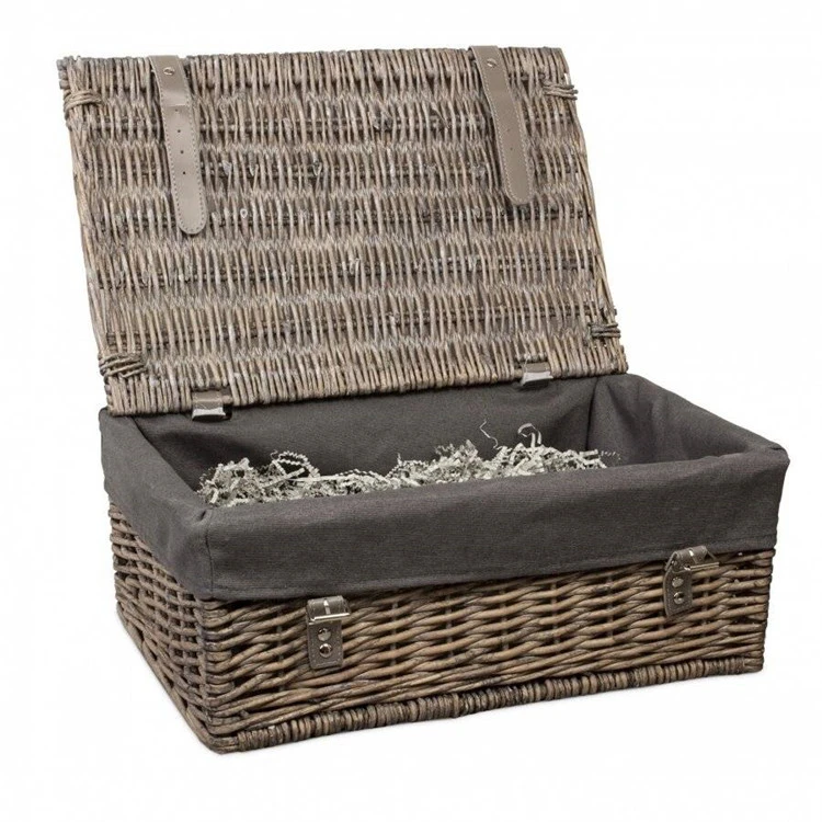 China Factory Wholesale Good Quality Wicker Gift Baskets Hamper Antique Grey Wash Woven  Picnic Basket With Removable Liner lid