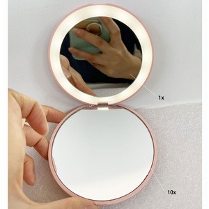 compact led travel lighted 10x magnification illuminated  led mini makeup mirror hand held cosmetic pocket mirror