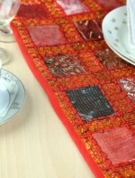 Cotton Patchwork Rectangular Table Runner Made From Vintage Patches Each With Unique Embroidery
