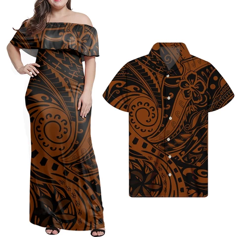 Couple Dress Polynesian Tribal Design Casual Women Off Shoulder Ruffle SAMOA Dress & Shirts Lover Clothes Elegant Long Dress