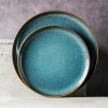 creative reactive blue glaze 2 tone ceramic tableware 16 pc dinner set 10 inch emboss ceramic dinner plate and bowls