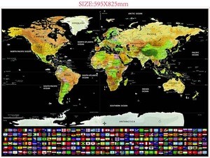 Custom logo Scratch Off Map - Premium Quality World Map with Flags  Black & Gold Laminated Map w/ Tube  Accessories Option
