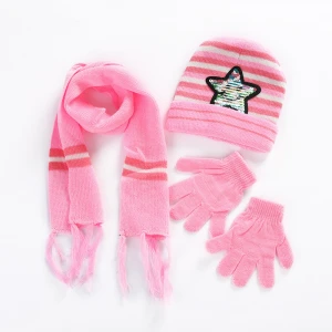 Customized cheap white orange red knit kids hat scarf gloves set