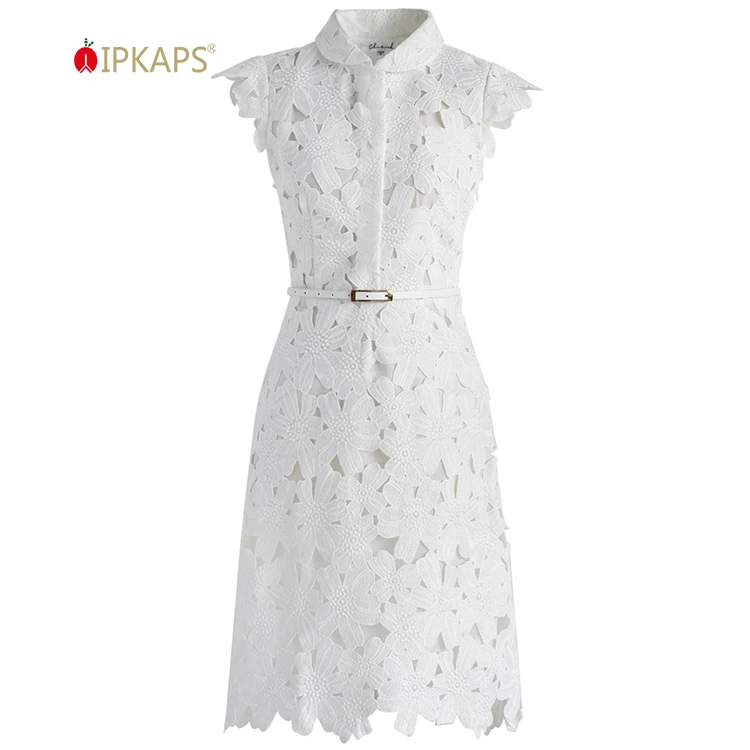 Customized Short Sleeve Summer Elegant Dress Full Flower Cut Out Midi Belted White Shift Chiffon Beach Dress for Women