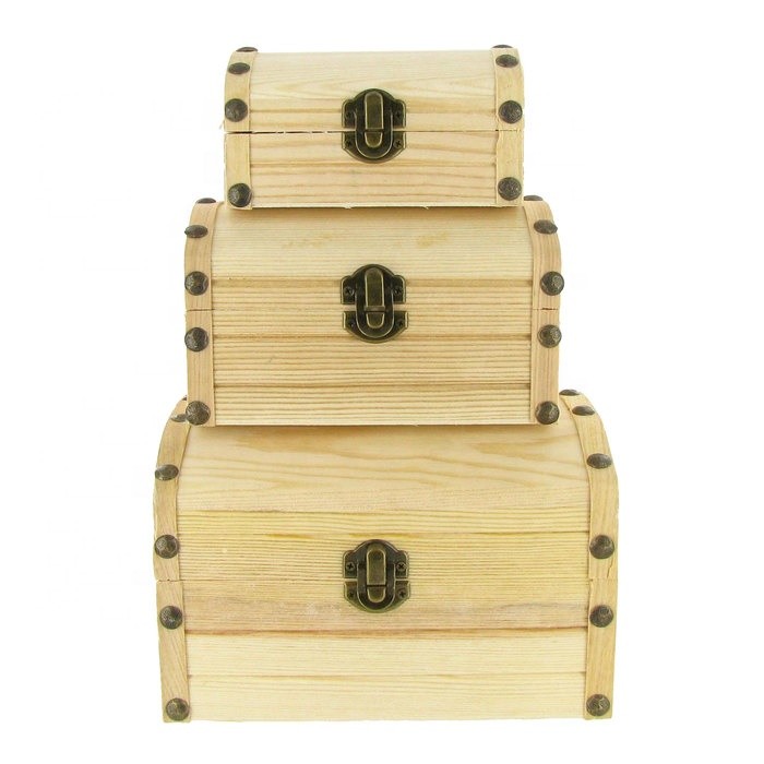 Customized Size Rustic Natural Color Wood Treasure Chest Boxes Set with Decorative Edges