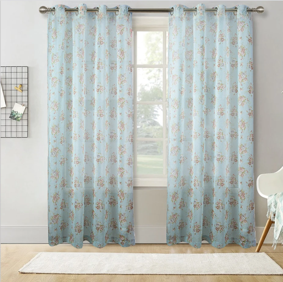 Direct selling printing small flower finished product perforated linen yarn curtain