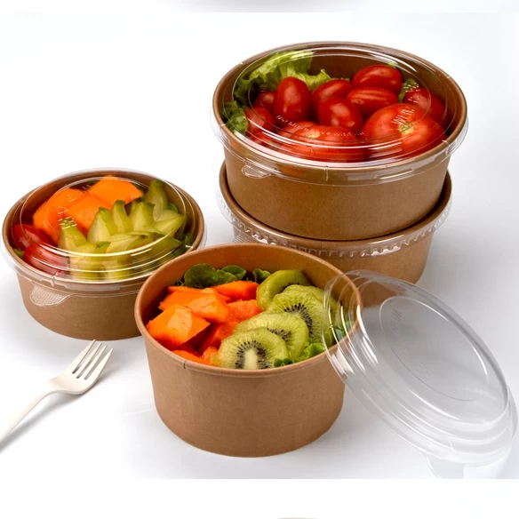 100% Eco-friendly PLA/PE coating brown kraft paper salad bowl with lids