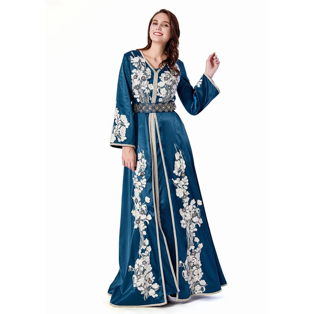 Elegant Blue Satin With White Appliqued Flower And Blue Beaded Arab Abaya Kaftan With Beaded Belt Long Open Big Sleeves Dress