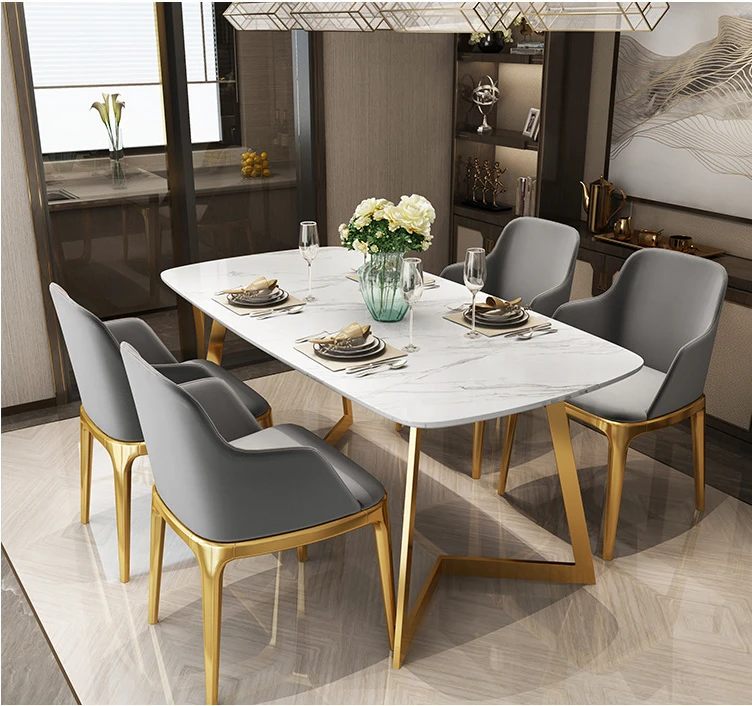 European modern luxury Dining room furniture set black golden 6 seaters stainless steel marble dining table