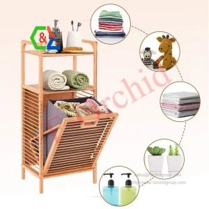 F-orchid Bamboo Laundry Hamper Tilt-Out with Shelf &amp; Removable Liner for Bathrooms