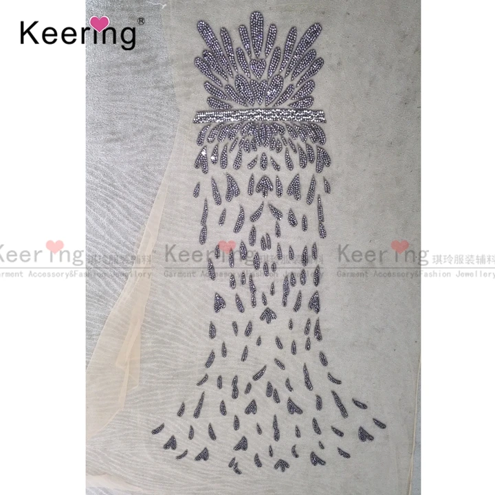 Fashion High Quality Long Handmade Noble  Dress Patch  Grey Silver Beads Rhinestone Applique for Party WDP-047
