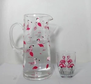 Flamingo etched decorative clear hand blown 2 litre glass jug set