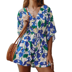 Floral Print V-neck Sashes Playsuits 2020 Summer Women New Cotton Casual Loose Bat Sleeve Beach flower girls&#39; dresses