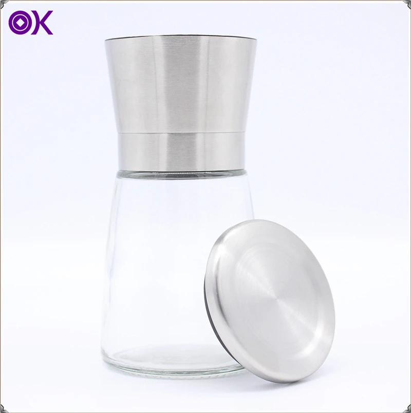 glass bottle salt and pepper mill grinder set with stainless steel cover and metal stand