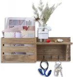 Hanging Newspaper Letter Magazine Organizer, Wood Mail Holder With 3 Key Hooks