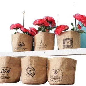 High quality brown jute flower pot sleeves linen bag custom brand printed