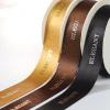 High quality custom gold foil black polyester glitter satin ribbon with brand name logo printed