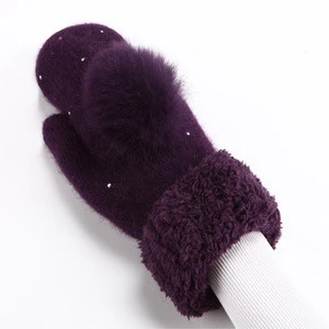high quality heavy double ragg soft warm with PomPom magic knitted outdoor womans wool gloves