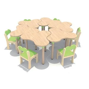 High Quality Oak Furniture Child Wooden Study Clover Shape Table And Chair With Competitive Price