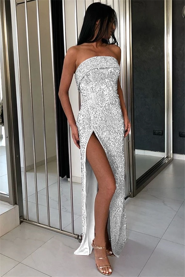 High side slit off shoulder sequined sleeveless women summer clothes  party evening dress gown