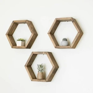 Home decor wooden crafts wall mounted rustic floating wooden hexagon shelf rack