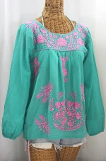 Hot sale sky blue fabric with all pink embroidery long sleeve blouse
