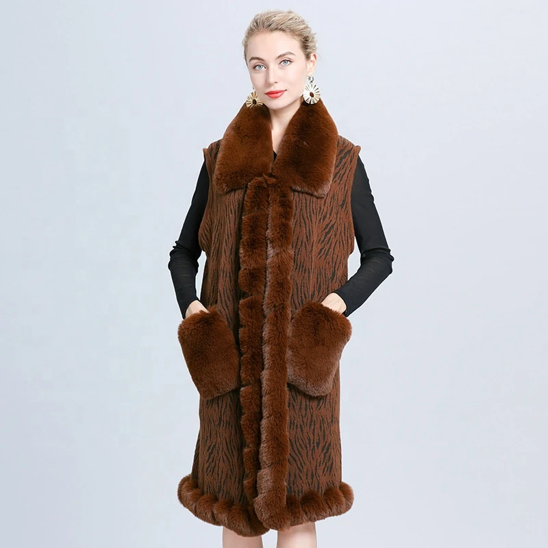 Hot Selling  Big Faux Soft Fluffy Fur Collar Vest Women Vest With Two Pockets