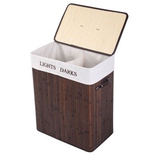 Household Divided bamboo brown color collapsible laundry basket with removable liner