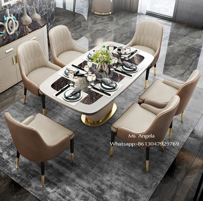 italian home room furniture new style leather and chrome dining table luxury postmodern marble top dining tables and chairs set