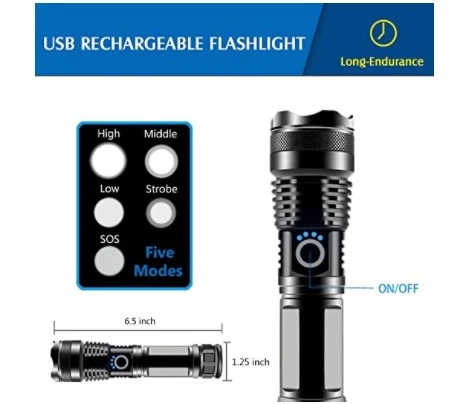 LED Rechargeable Flashlight,Super Bright 7000 lumens XHP50 Powerful USB Tactical LED Flashlight Waterproof Torch Light Zoomable