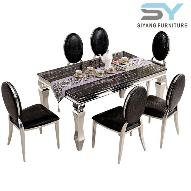 luxury modern  style brown marble top silver bullet stainless steel frame dining table  furniture