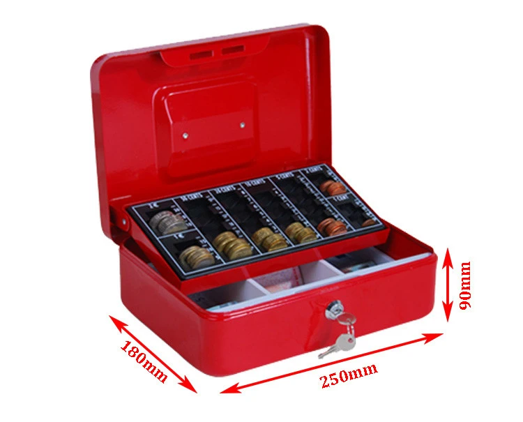 Metal Cash Money Box, Removable Cash Tray With Compartment For Rolled Euro Coins And Business Cheques Cash Box/