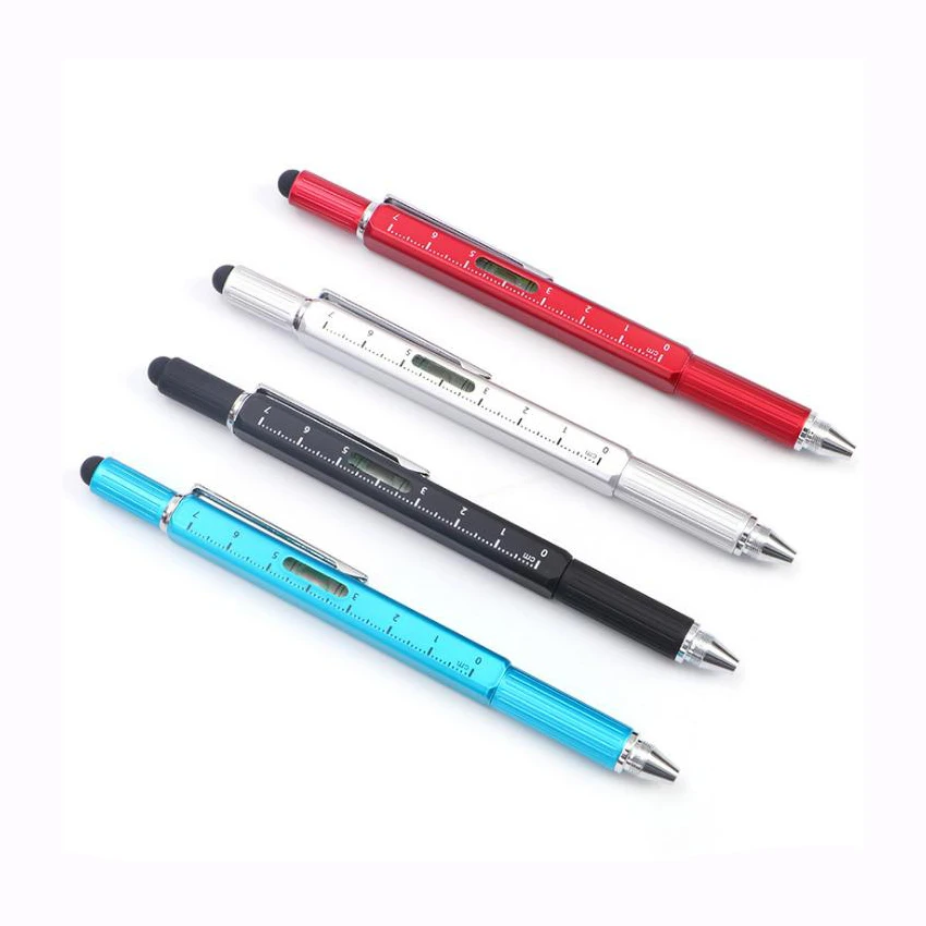 Metal Plastic 6 in 1 Ball Pen Tool Screwdriver Ruler Level Touch Stylus Cross Multifunction Gadget Construction Scale Tool Pen