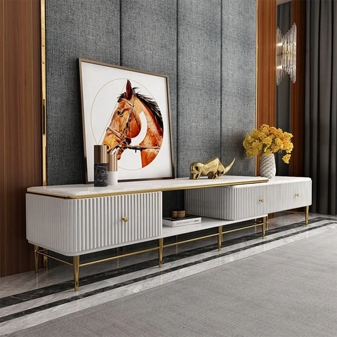Modern light luxury jazz white living room TV cabinet environmental protection marble telescopic TV cabinet