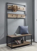 Multifunctional Weathered Oak Metal Entryway Shoe Bench with Coat Rack Hall Tree Storage Organizer 5 Hooks in Gunmetal Finish