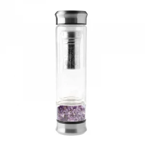 Natural Healing Rose Pink Quartz Crystal Water Bottle Double Wall Glass Bottle with Tea Infuser and Tea Strainer
