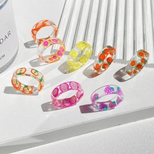 NUORO Creative Transparent Strawberry Apple Index Band Joint Ring Women Girls Hand Jewelry Summer Fresh Fruit Resin Finger Rings