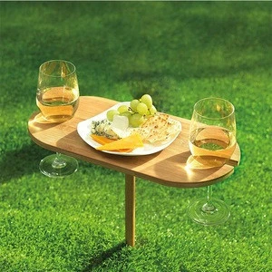 Outdoor Wine Holder Bamboo Table, Holds 2 Glasses, Collapsible, Portable