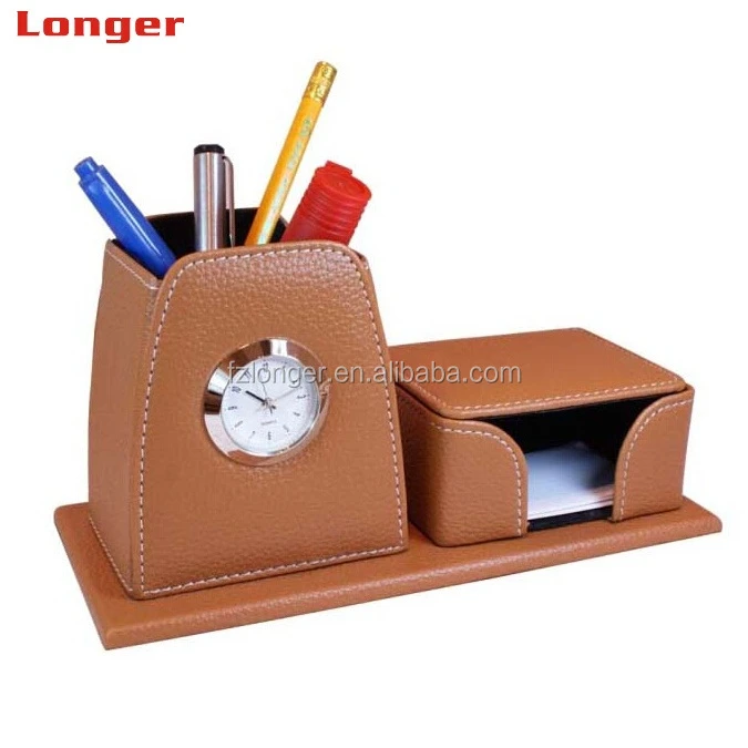 Personalized PU leather pen holder with table alarm clocks LG2001