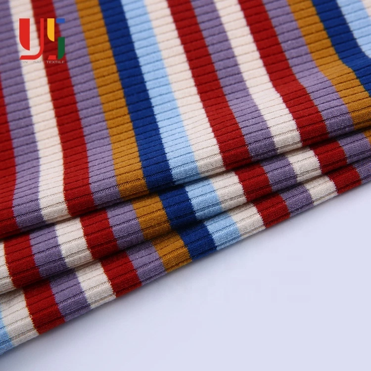Polyester rayon spandex fancy rainbow stripe rib sports wear polyester fabric