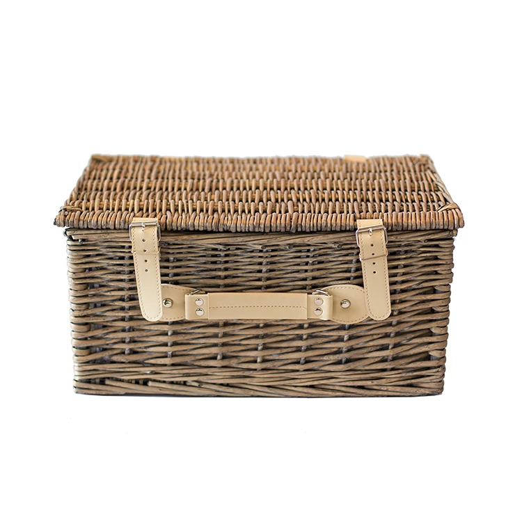 Portable outdoor wicker picnic storage basket with cover