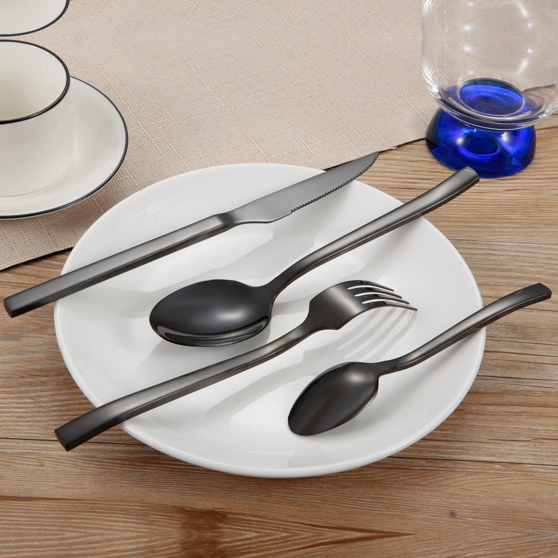 Restaurant 24 pieces flatware set spoons fork knife stainless steel black cutlery