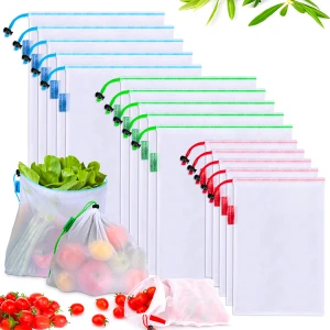 Reusable Mesh Produce Bag with Colorful Tare Weight Tags Barcode Scanable See Through Food Safe Mesh Bags with Drawstring