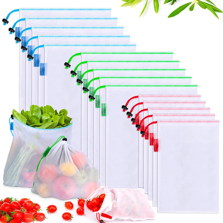 Reusable Mesh Produce Bag with Colorful Tare Weight Tags Barcode Scanable See Through Food Safe Mesh Bags with Drawstring