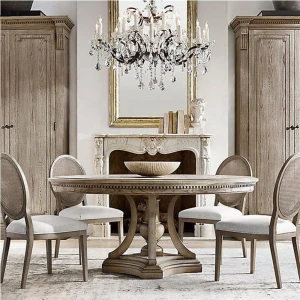 RH vintage french province oak wooden large round shape dining table set dining room furniture