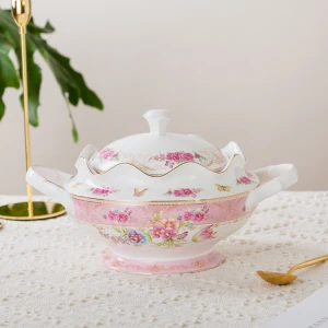 Royal style classical pink double handles ceramic soup pot with cap